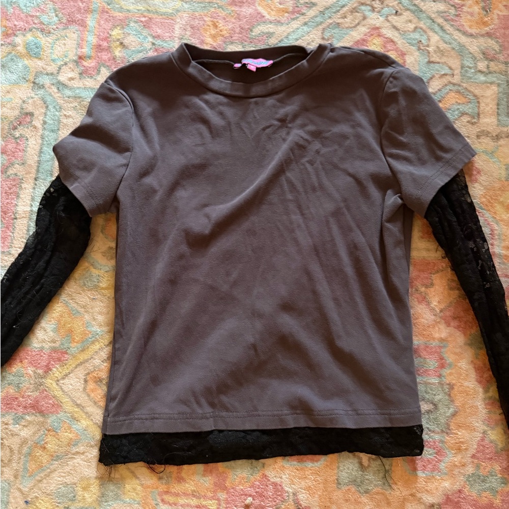 Edikted Gray Top with Black Lace Sleeves